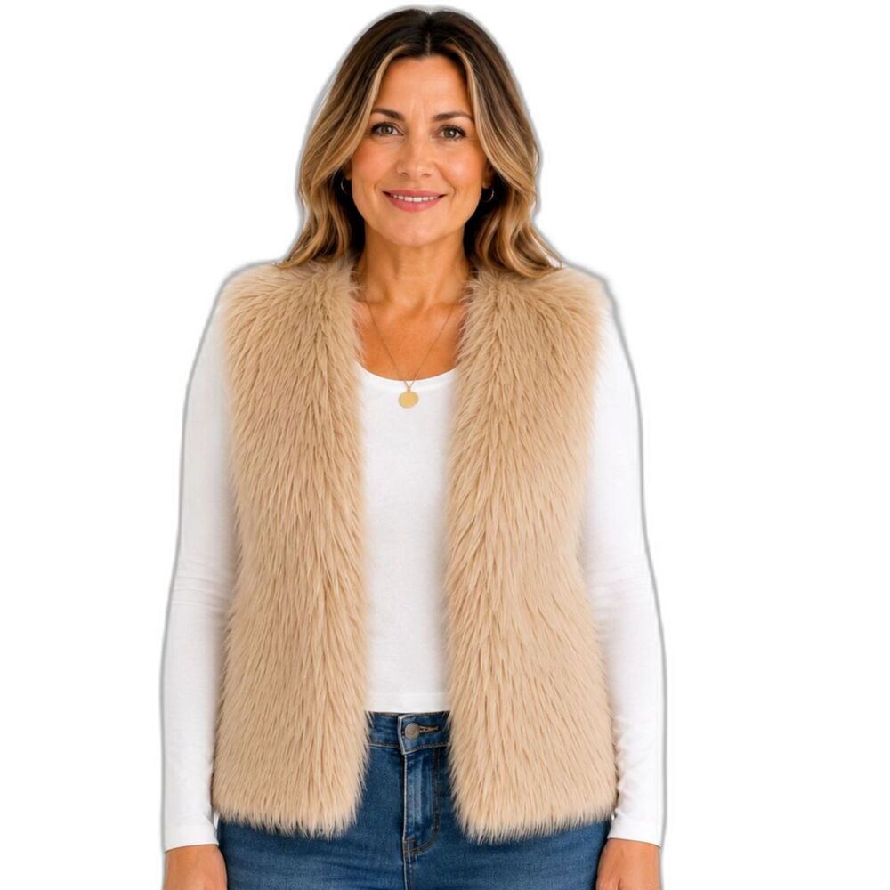 Eyeshadow Faux Fur Knit Vest Womens XL Cream Open Front Cozy Layering